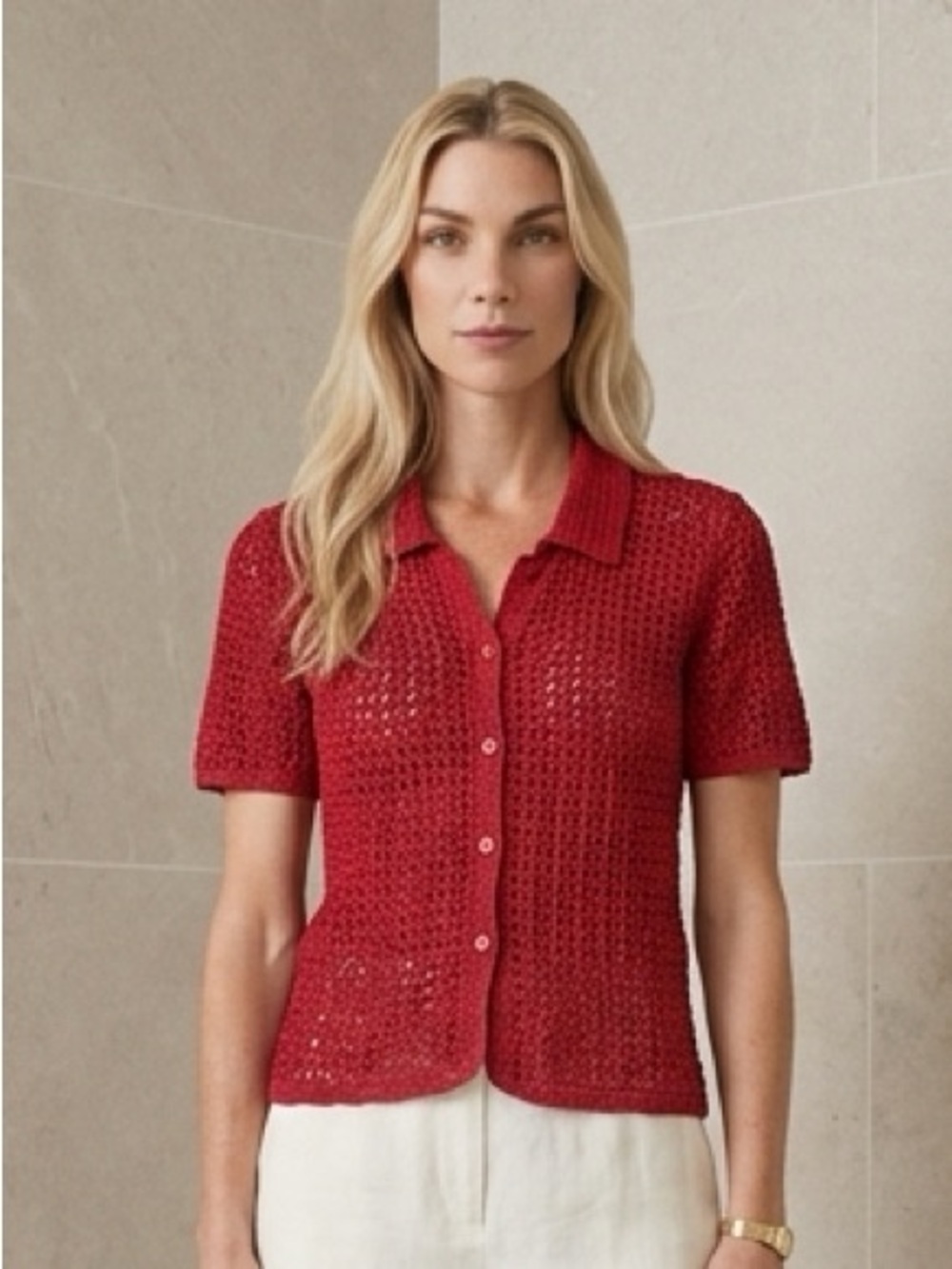 Crochet Cottagecore Y2K BoHo Pink Open Knit Button Down Shirt Size S